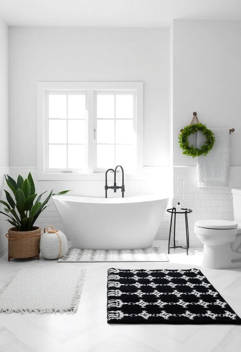 Cozy Rugs: Layer in soft black and white patterned rugs to add warmth and comfort, bringing a delightful texture to your polished farmhouse bathroom