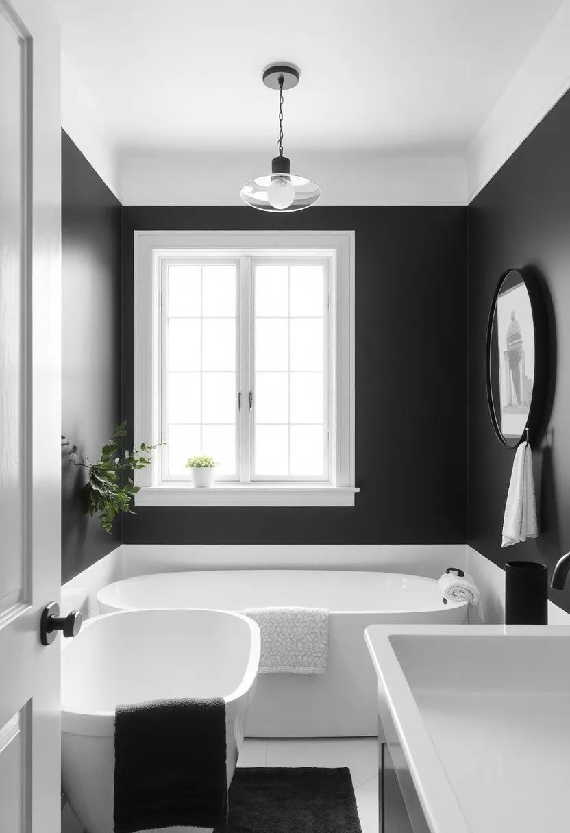 Embrace Minimalism: A sleek black and white palette with clean lines and subtle decor creates a fresh and uncluttered aesthetic in your farmhouse bathroom