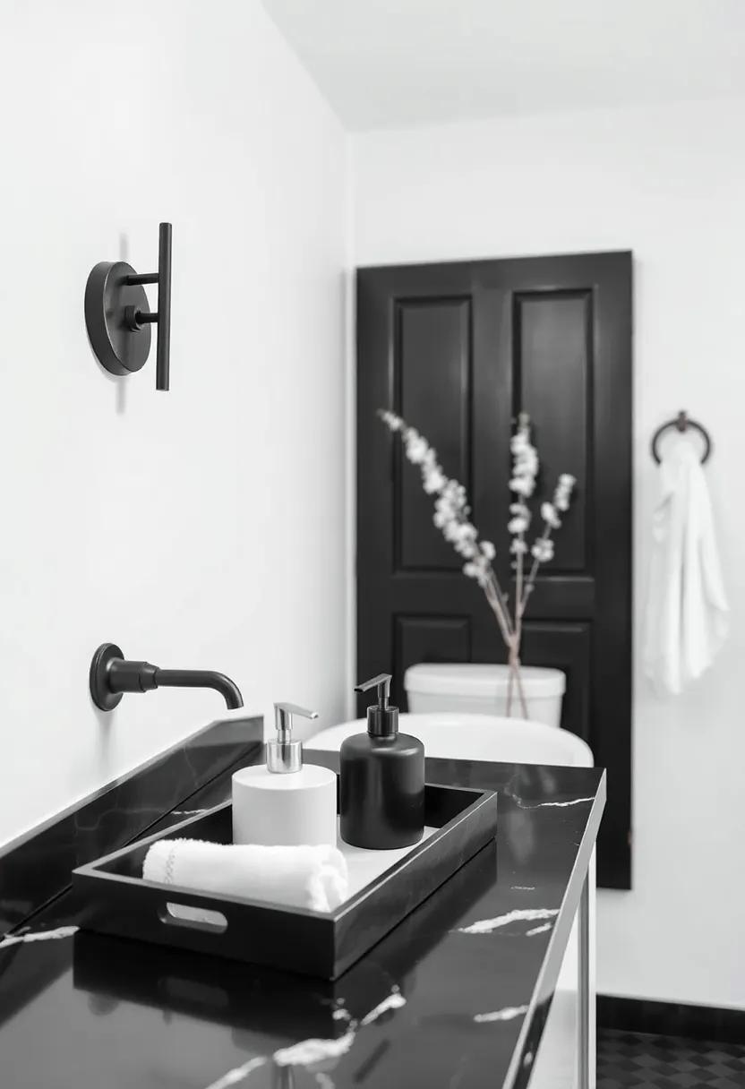 Luxury Accessories: Choose chic black and white bathroom accessories, like soap dispensers and trays, for that polished and curated finishing touch
