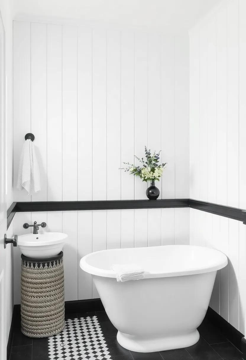 Paneled Walls: White beadboard paneling topped with a black chair rail creates a chic and cozy look, perfect for a farmhouse bathroom