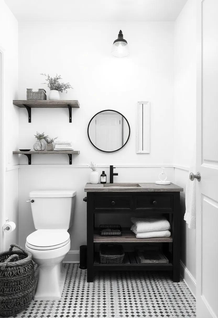 Rustic Wood Elements: Warm up the monochrome scheme by introducing distressed wood features, like shelves or vanity tops, that beautifully blend with black and white