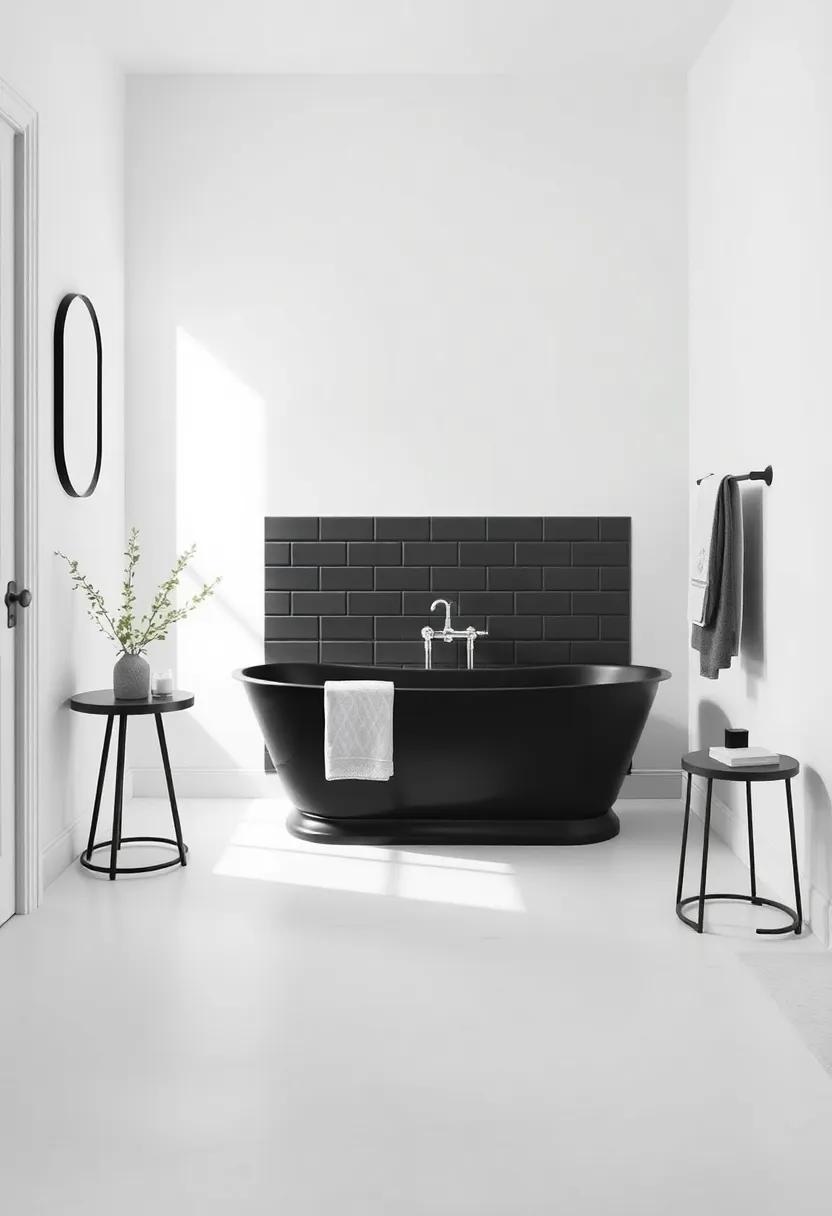 Statement Bathtub: A freestanding black tub becomes a striking focal point when paired with crisp white walls, marrying luxury with farmhouse charm