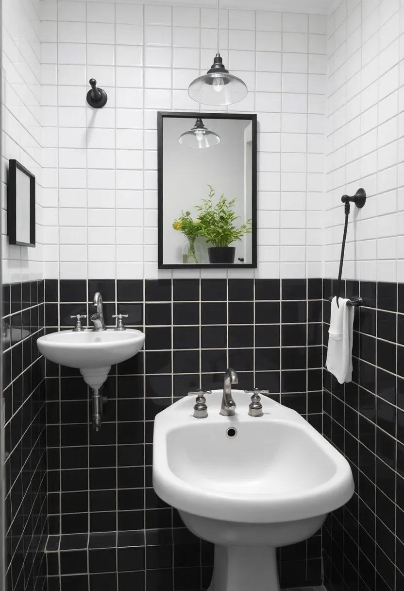 Vintage Charm: Incorporate antique fixtures and accessories against a backdrop of modern black and white tiles for a timeless appeal