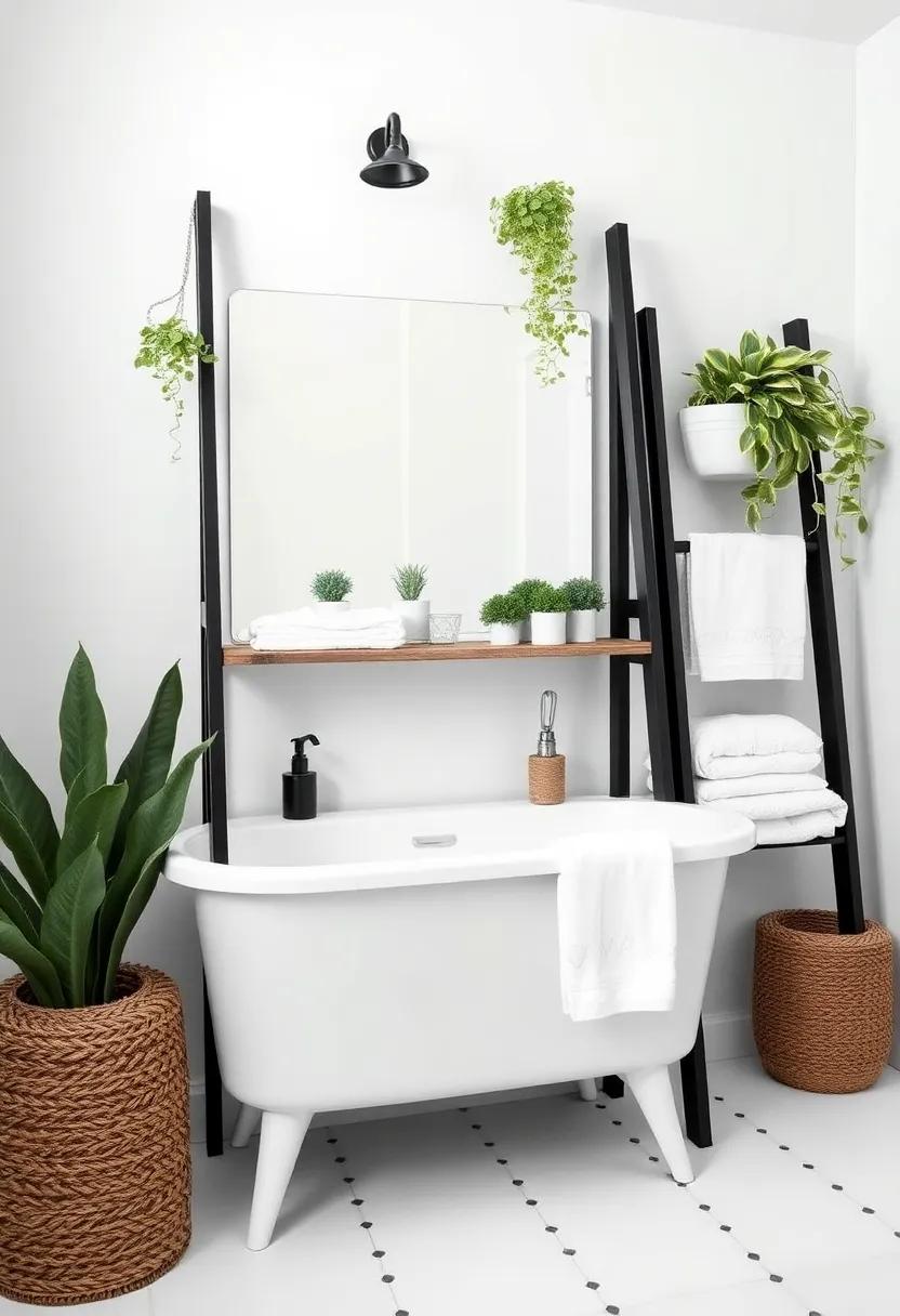 Vintage Ladder Shelf: Use a black or white ladder shelf to display towels and plants, adding both function and charm to your bathroom space