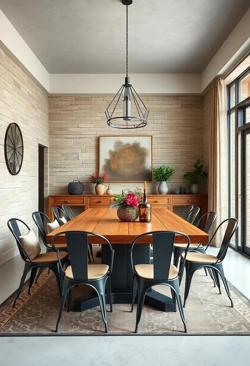 Combine farmhouse and industrial styles by⁢ pairing ​metal chairs with a wooden dining table