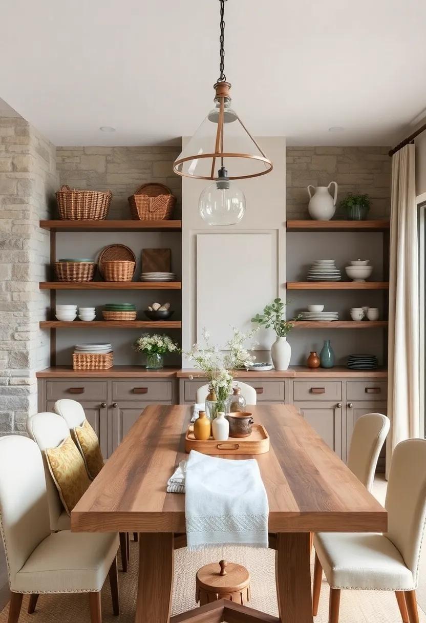 Display open shelving⁢ with woven ⁢baskets and ceramic dishes‌ to blend functionality with rustic appeal