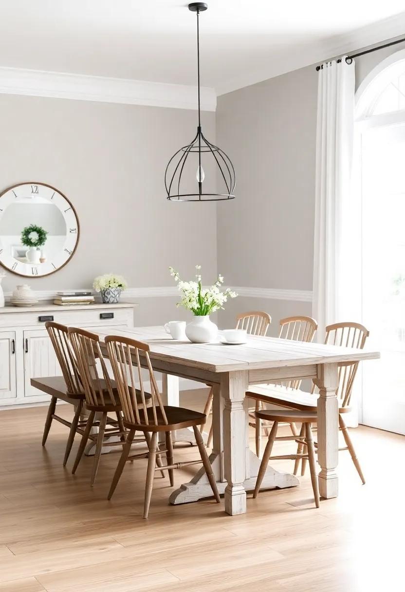 Combine a whitewashed wood table with mixed seating options like ​spindle-back chairs⁢ and a ‍bench for a casual farmhouse look