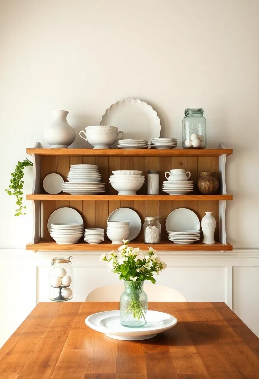 Display antique dishware⁢ and mason ‍jars on open shelves⁣ to‍ bring nostalgic farmhouse character to your dining area