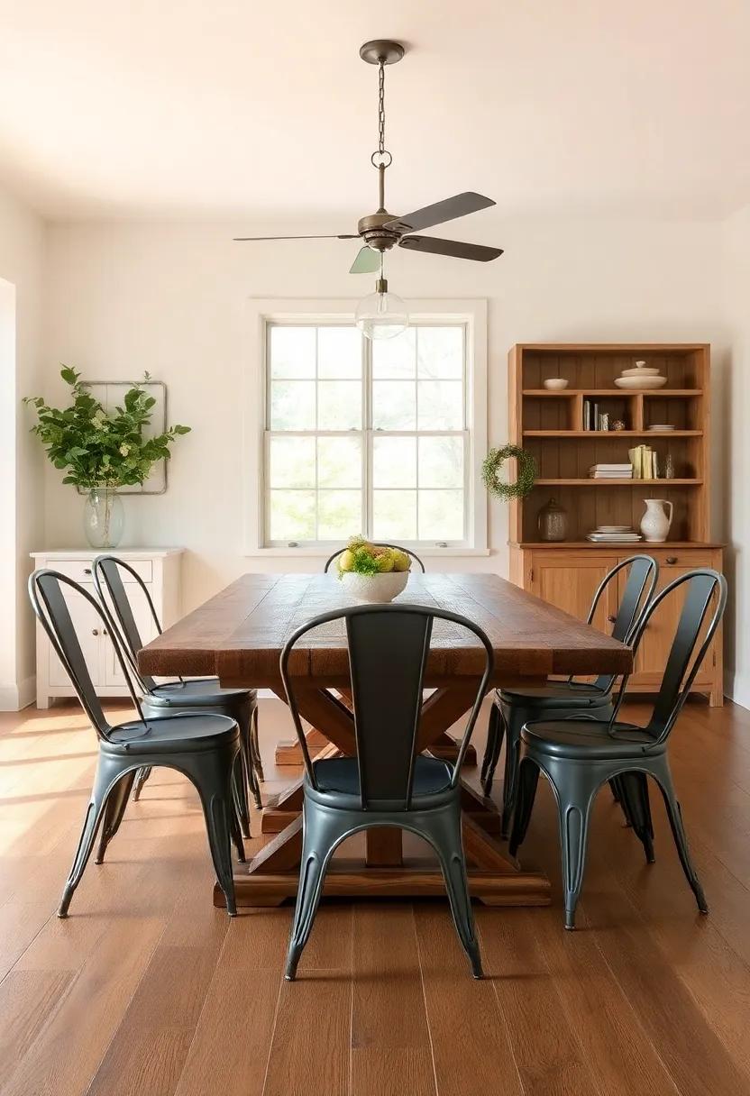Embrace rustic elegance with a ⁤reclaimed wood dining table paired with ‌vintage metal chairs ⁣for a cozy farmhouse charm