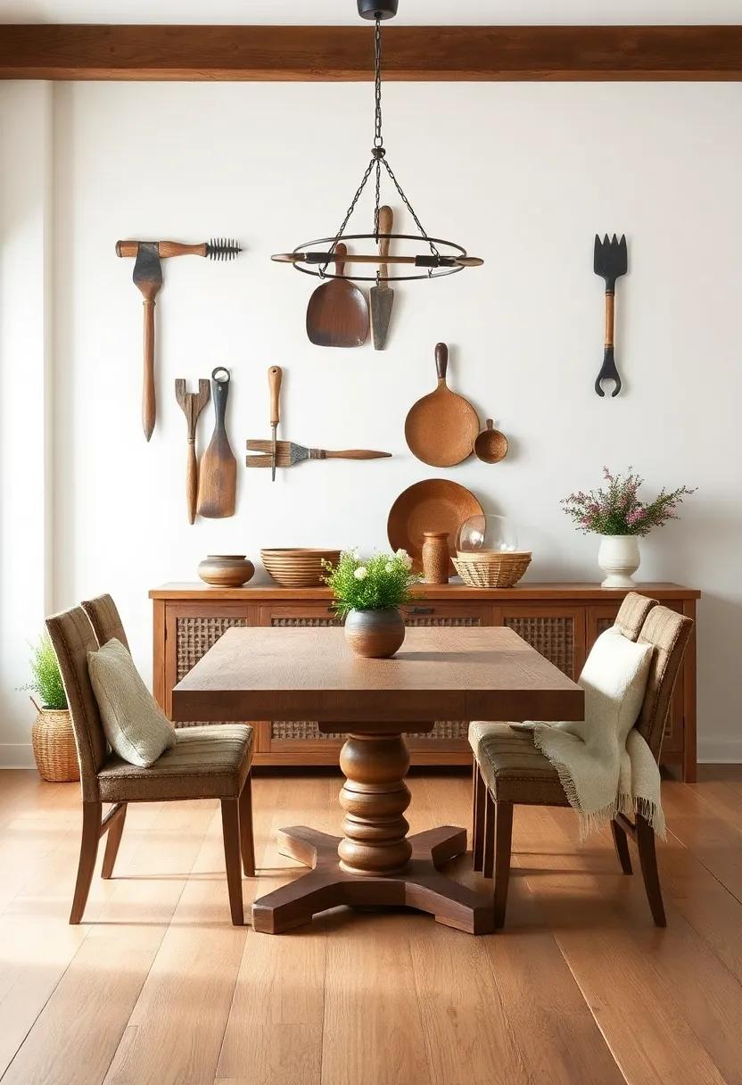 Hang vintage ​farm ⁢tools or ‌rustic‍ wall décor‍ as ⁢unique art pieces‌ to personalize ⁣your ⁣dining space