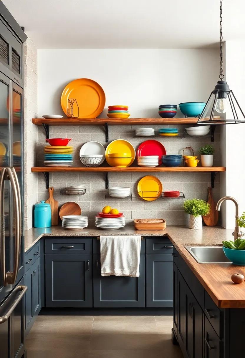 Enamelware Dishes on Display: Showcase colorful enamelware plates ‌and bowls on open shelves for a pop ​of vintage farmhouse color