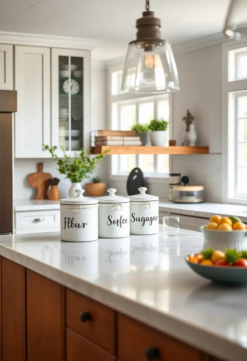 Farmhouse ⁢Style Canisters: Use ceramic or metal canisters⁤ with hand-lettered labels for storing flour, sugar, and coffee
