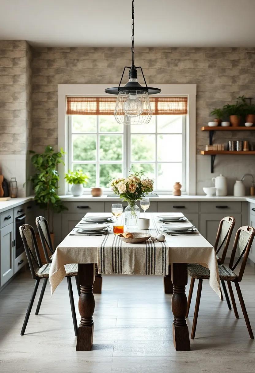 Farmhouse Tablecloths and Runners: Use natural fabrics with simple stripes or florals to soften your kitchen table's look