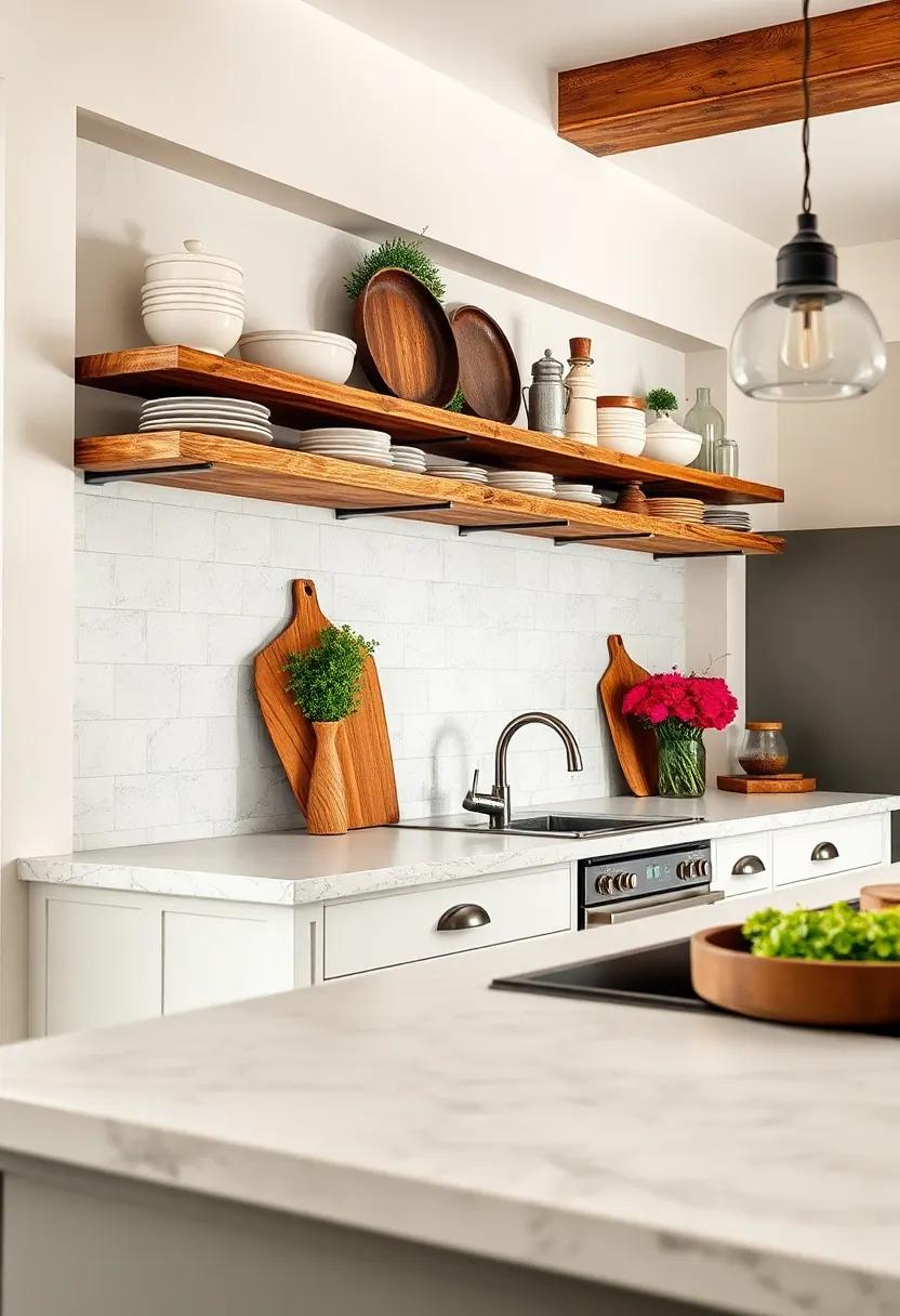 Open Wooden Shelves: Replace upper cabinets⁢ with open​ wooden shelves to display your rustic dishes and antique kitchenware
