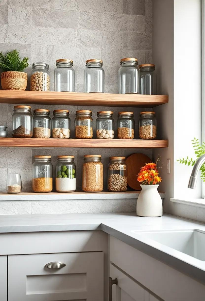 Vintage ⁤Mason Jar ⁤Storage: Use clear mason jars to store ⁤dry goods and spices, adding ​both ​practicality and a ​nostalgic‌ farmhouse⁣ touch to your shelves