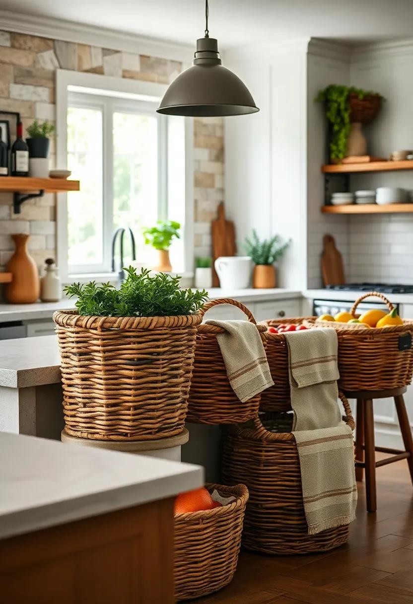 Wicker Baskets for Storage: Use‍ woven wicker baskets to store fresh produce or towels, adding texture and charm