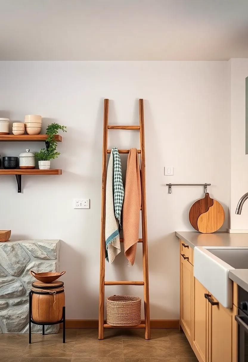 Wooden Ladder⁢ for towels: Lean a small wooden⁤ ladder against the wall⁢ to hang kitchen towels stylishly ⁣and conveniently
