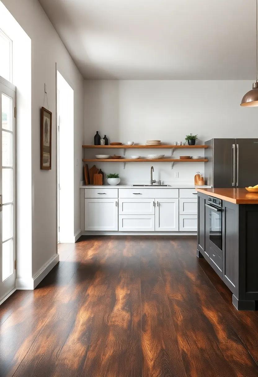 Dark Stained‍ Floors: Dark stained wooden floors create⁣ a dramatic contrast against‌ lighter ‌cabinets,⁤ adding depth and warmth to the room