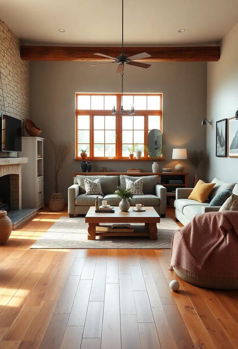 Cozy Farmhouse ​Living Room Bathed in Natural Light Highlighting Warm Toned‍ Wooden Floors and Vintage Rustic Furnishings