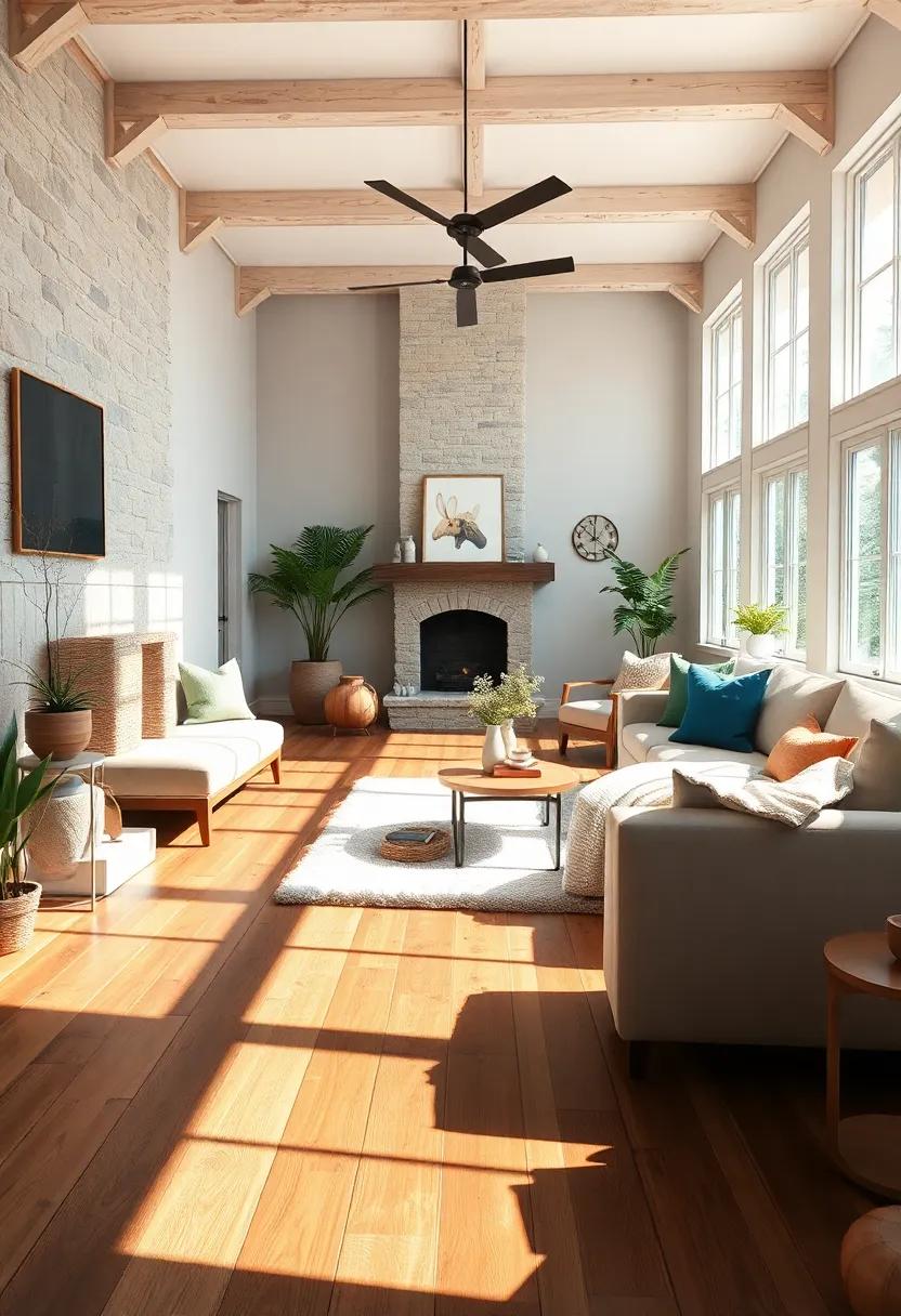 Sun-Dappled Farmhouse ⁤Living ‍Space ⁤With Reclaimed Wooden floors‍ and Chic Minimalist Farmhouse⁣ Décor Elements