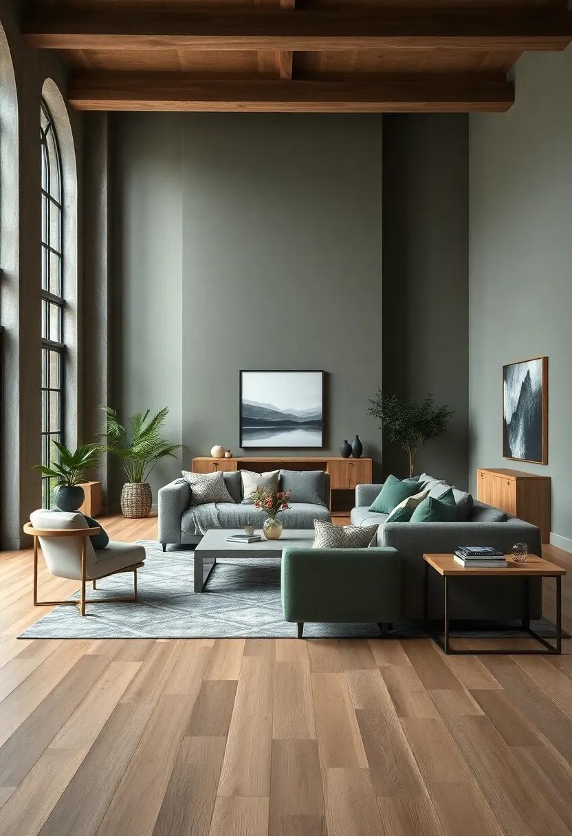 Muted Greens and Earth Tones Warming Up a Farmhouse ⁢Room With Pale Ash Floors and Sturdy⁤ Oak Side⁤ Tables