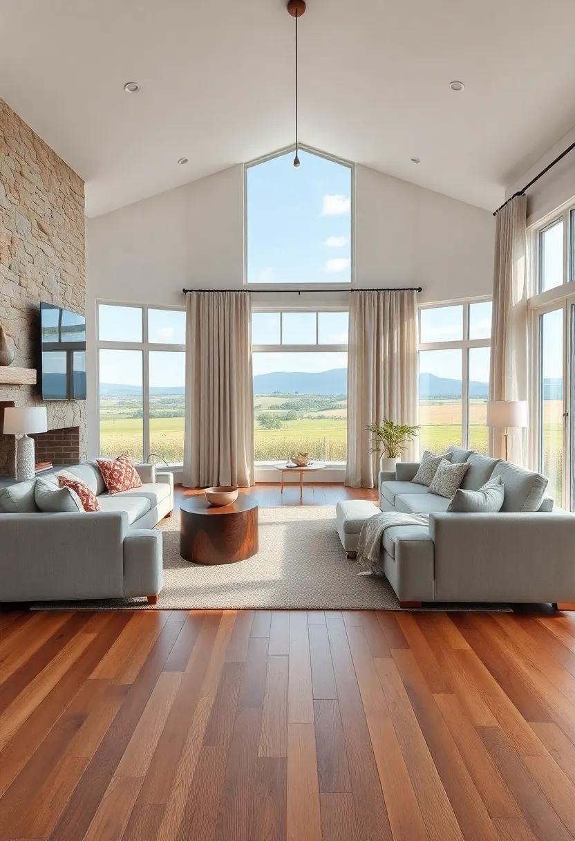 Inviting Gathering Space With‍ Wide Plank⁣ Wooden Flooring and Soft Linen Curtains Framing Panoramic​ Countryside Views