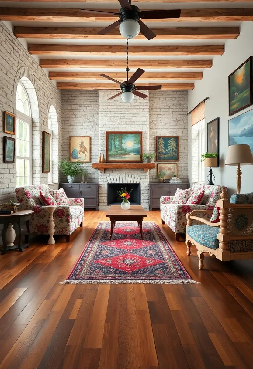 Old ‌World Charm ⁣With Burnished Hardwood Floors and Floral Patterned Armchairs Surrounded by Folk Art and‍ Vintage‌ Rugs