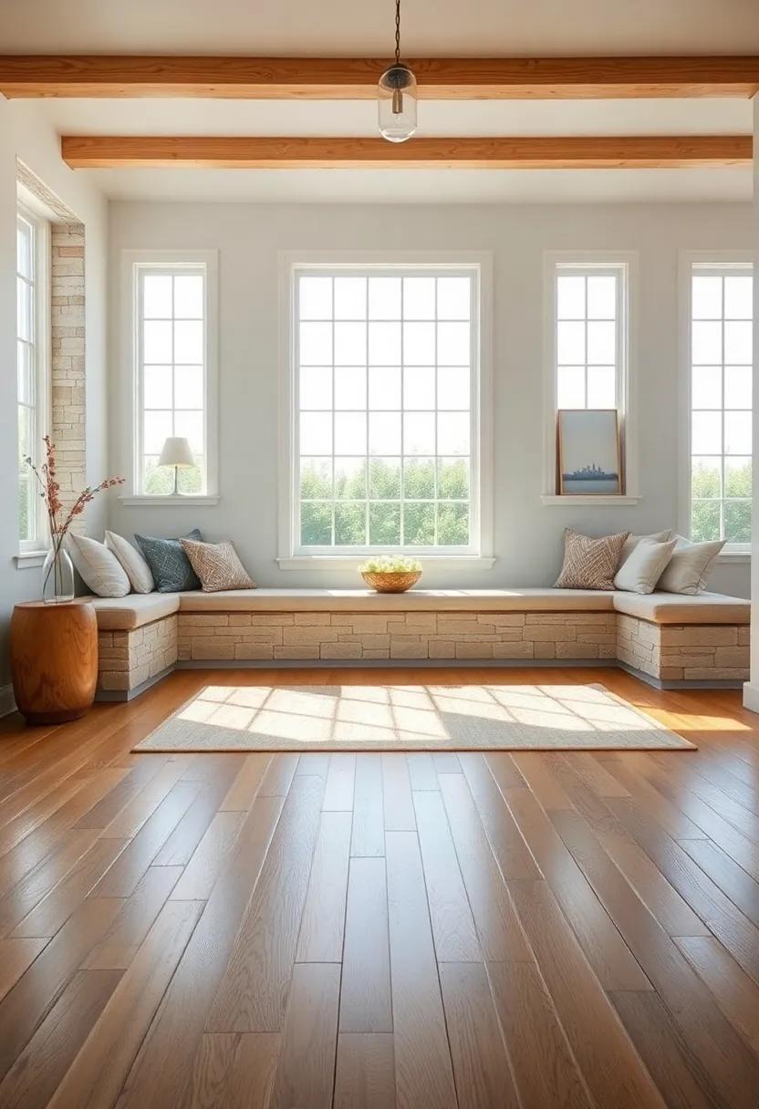 Sunlit Window ⁣Seats Framed by⁢ Golden Oak Flooring and Upholstered⁢ Cushions Made From Natural Fibers