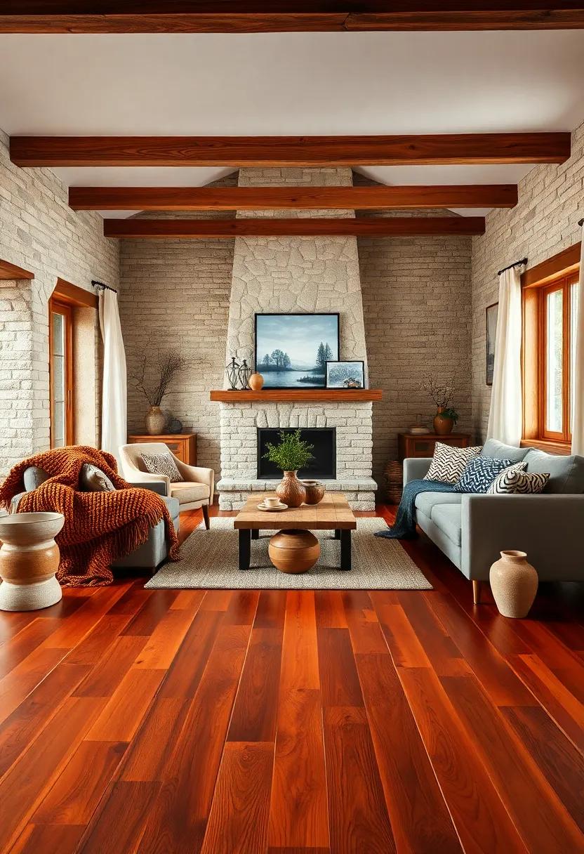 Mixed Wood ⁣Tones Blending Russet and Chestnut ​Floors Under Cozy Chenille Throws and Handmade Pottery Bowls