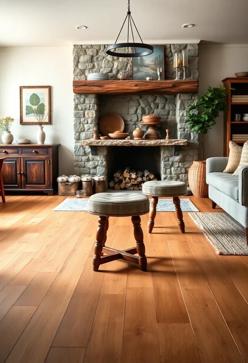 Vintage Farmhouse Stools Along Polished ⁢pine Floors Near a ‌Camera-Worthy Stone ‍Hearth Displaying Antique Pies