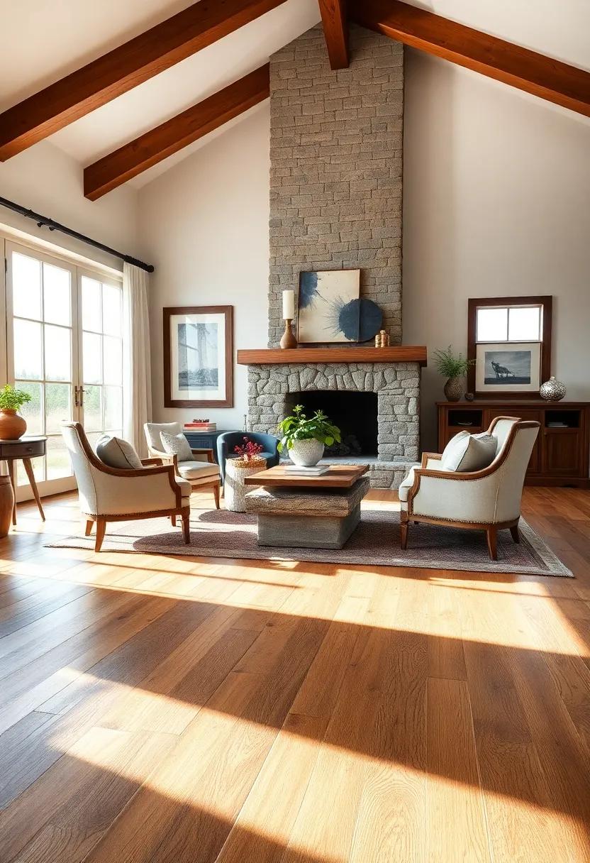 Rustic elegance With Distressed‍ Oak Flooring Paired With Antique Farmhouse Chairs ⁢and a Stone Fireplace Centerpiece