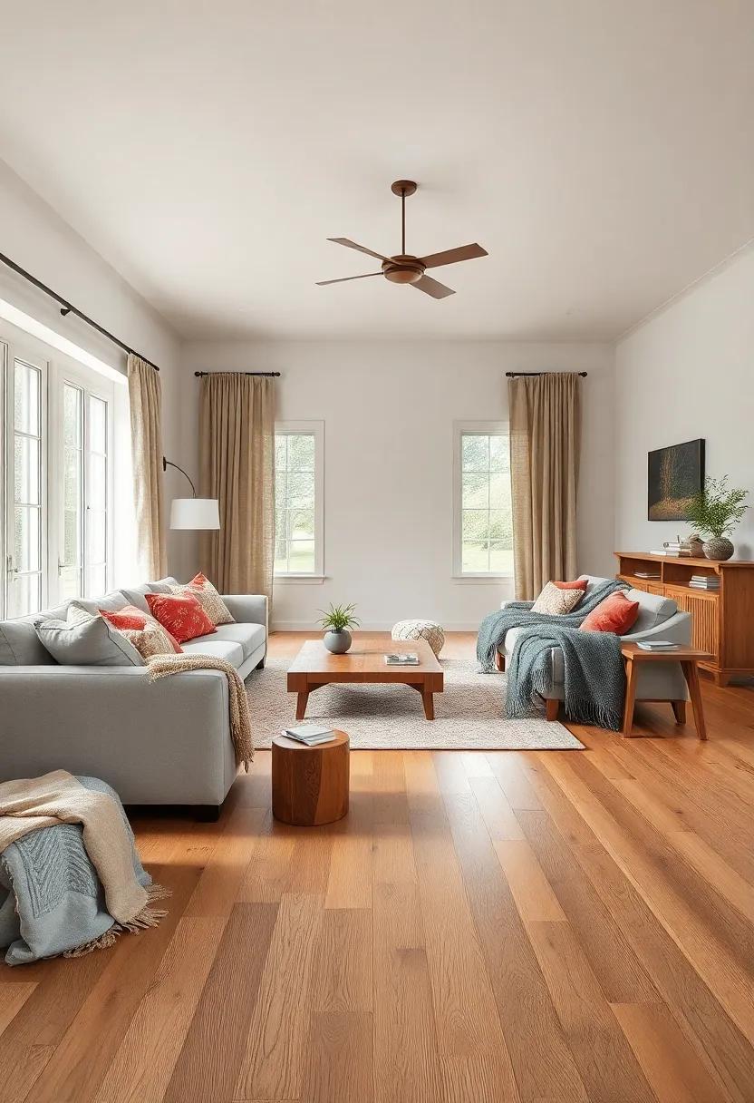 Neutral Palette Embracing Warm Birchwood Flooring Paired​ With Soft ⁢Wool‌ Throws and Light Burlap Curtains