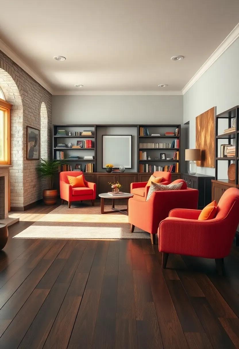 Inviting Reading⁣ Nook Surrounded by Dark Stained ‌Wooden Floors With Plush Fabric‍ Armchairs and Floor-to-Ceiling Shelving