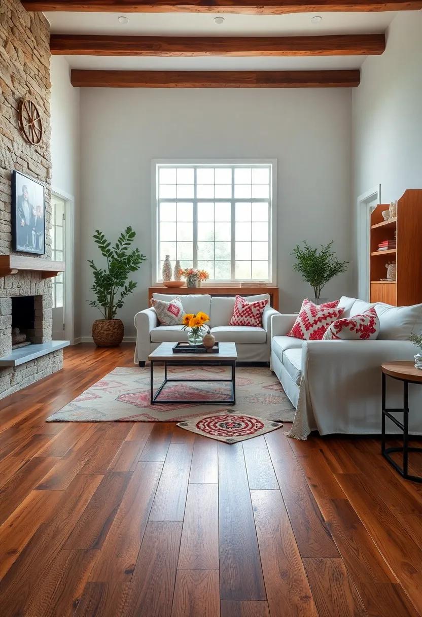Handmade⁤ Quilts Draped ⁣Over Distressed mahogany Flooring⁢ in a ⁣Relaxed Farmhouse Lounge With slipcovered Sofas