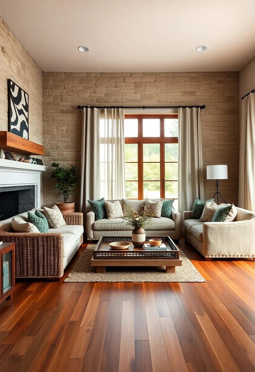 Earthy Stone Accents Complementing⁤ Smooth Walnut⁤ Flooring In a Farmhouse Living Room ​with Linen Drapes and‌ Wicker ⁣Trays