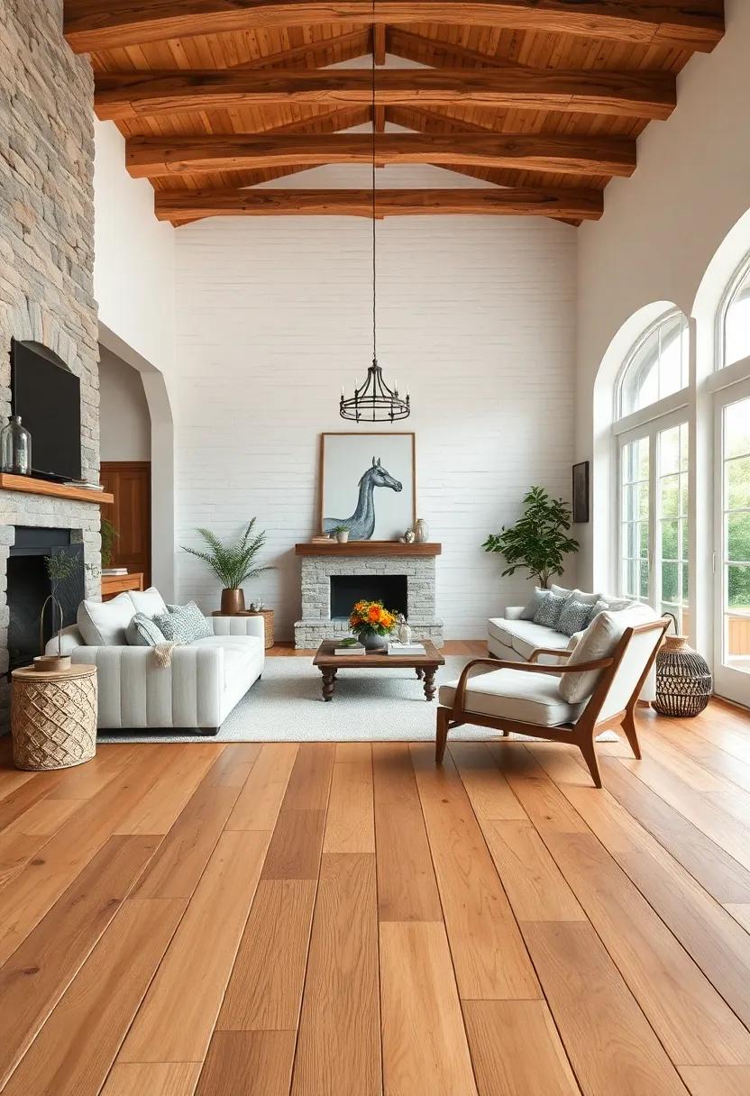 Bright Whitewashed Walls and Wide Plank Pine Floors creating an airy Yet Intimate Farmhouse Ambiance