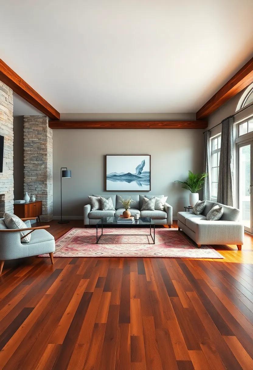 Weathered Barnwood Beams Contrasting Rich Cherry ⁣Wood Flooring Under a Cozy Area Rug and ‌Oversized Throw Pillows