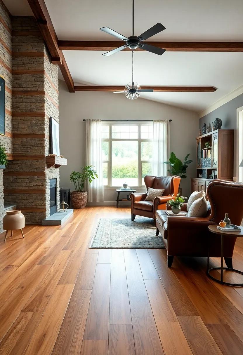 Warm Rustic Meets Elegant Farmhouse Design Featuring Natural Maple⁣ Floors and Classic Leather Wingback Chairs