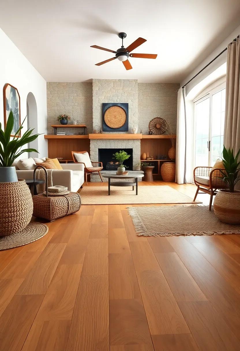 Layered​ Textures‍ Featuring Handwoven Rugs Over‍ Classic Honey Maple Wood Flooring and Woven Basket Accents