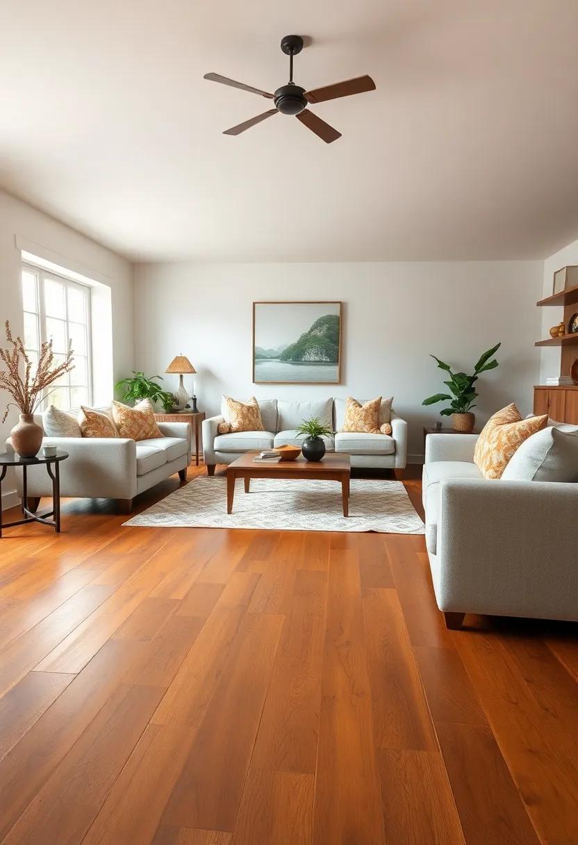 Tile Accent Area Blending Smooth Terracotta ​Hues Against Rough-Hewn Oak floors With Rustic Metal Lanterns