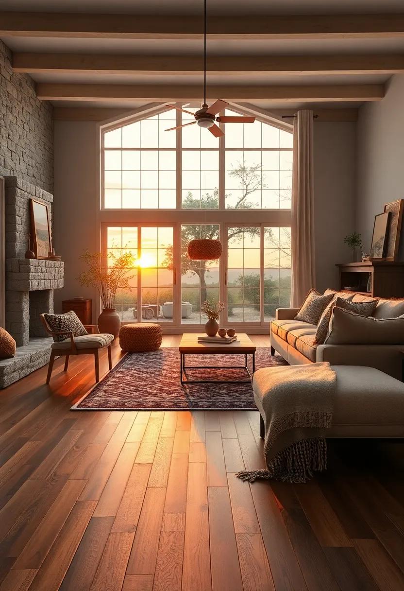 Sunset Glow Reflecting on warm Walnut Hardwood Floors⁢ Complemented by Soft Linen Upholstery and Earthy textiles