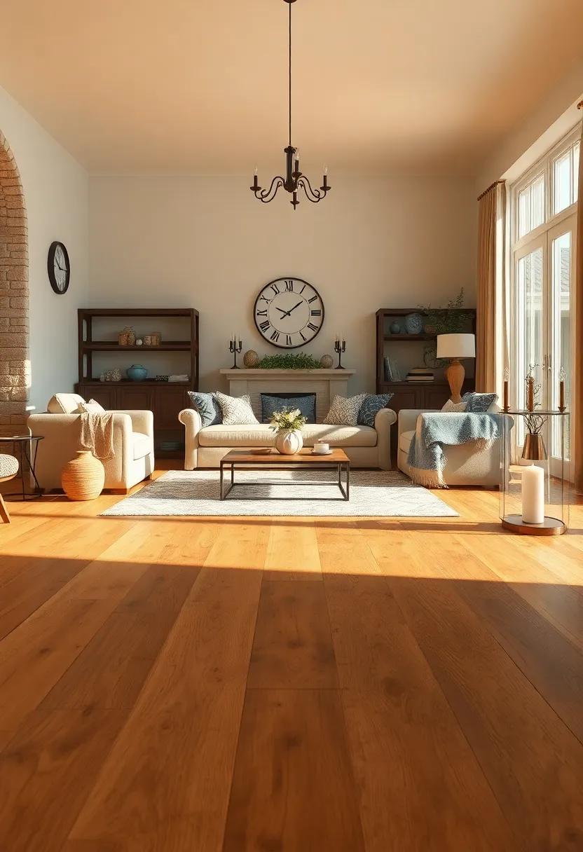 soft ⁤Amber Light Casting Shadows on ‌Handscraped Pine Floors Paired ‍With⁢ Farmhouse Style Candle Holders and Clocks