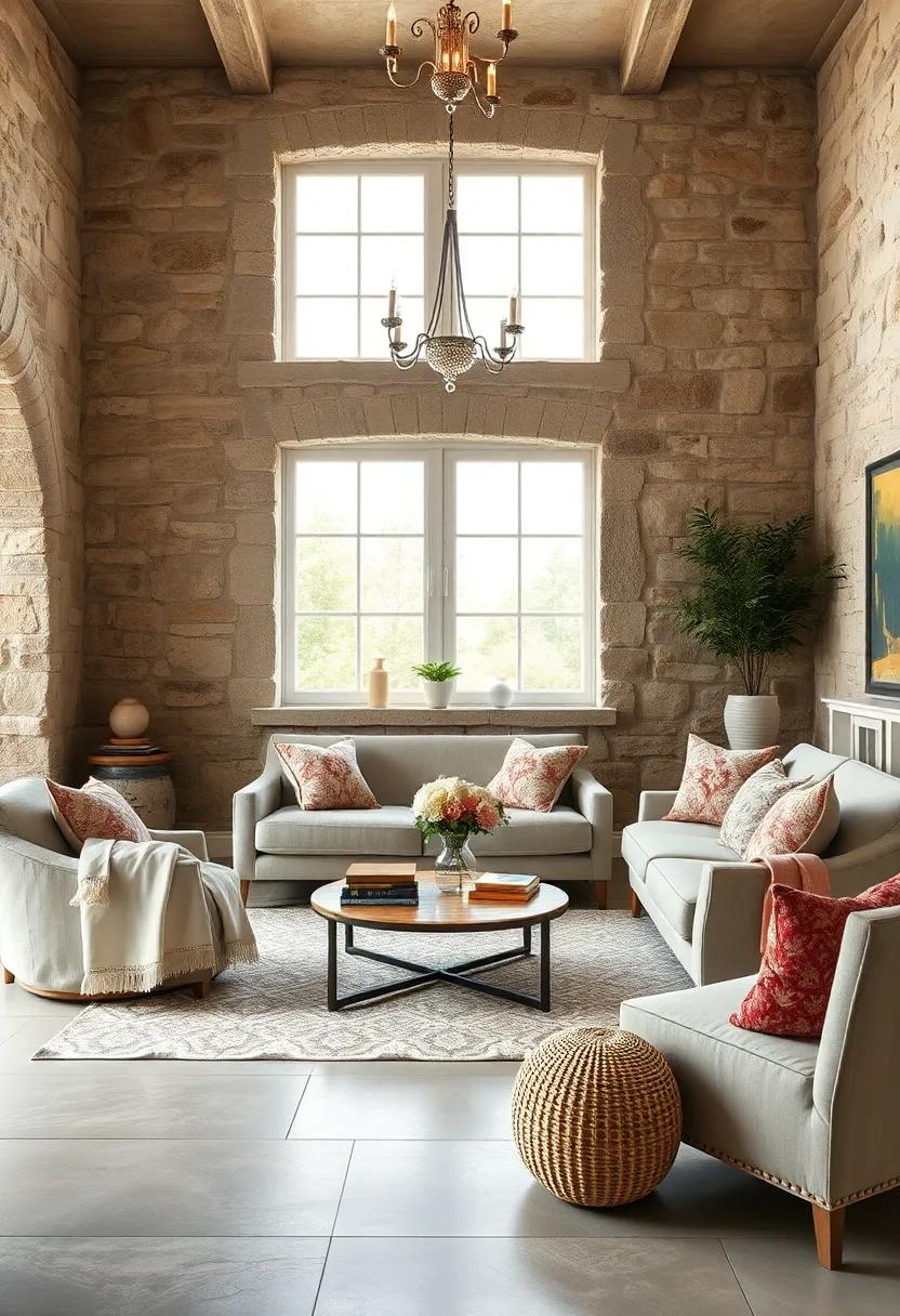 Use vintage lace doilies and embroidered throws to add delicate French touches against ‍sturdy stone walls