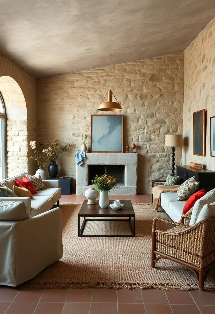 Pair stone⁤ walls ‍with terracotta flooring ⁢and ​cozy woven rugs to enhance⁤ the ⁤natural, earthy ​ambiance of the living room