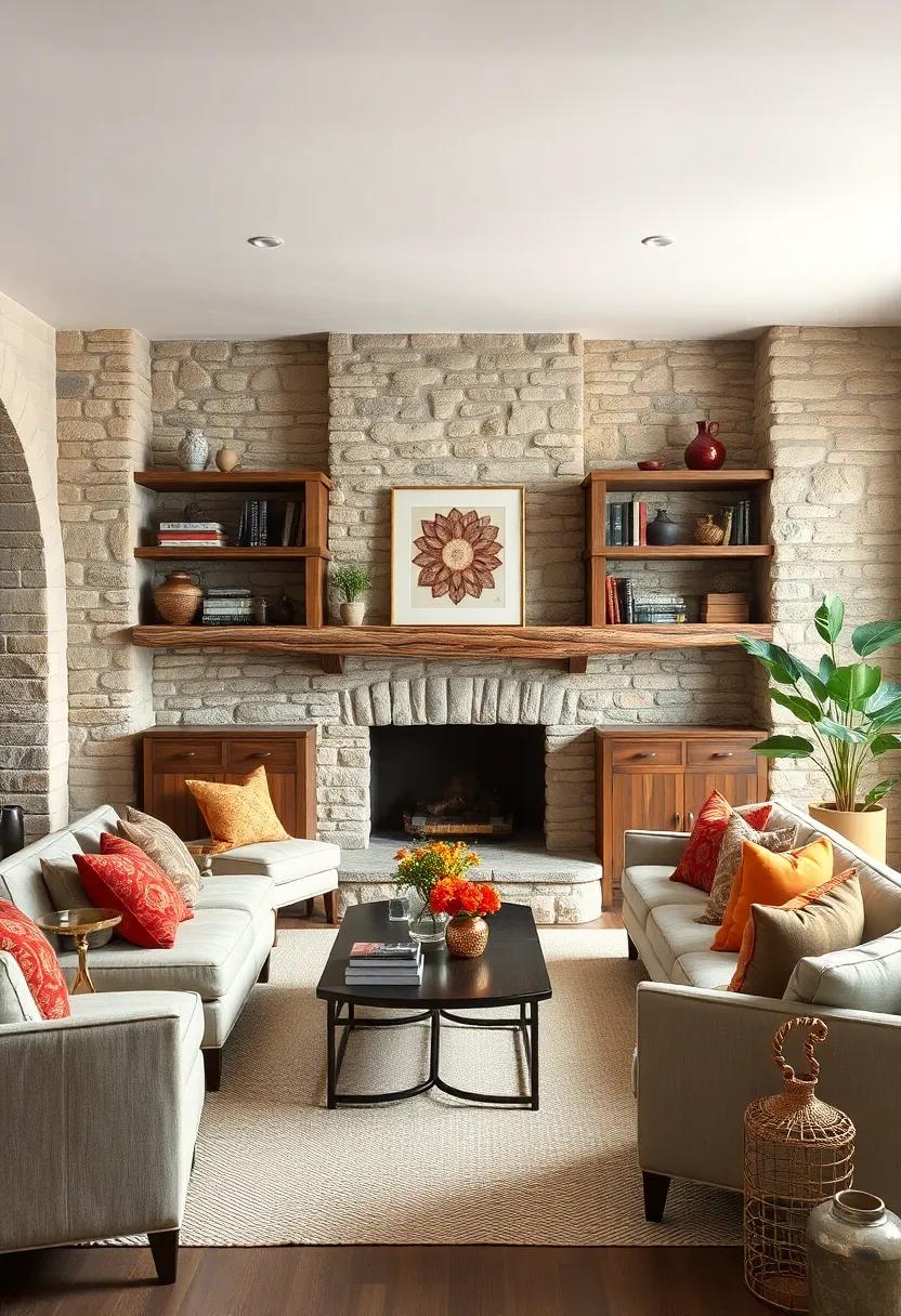 integrate ‌open shelving made⁢ of reclaimed wood on stone walls ‍to showcase cherished antiques and books