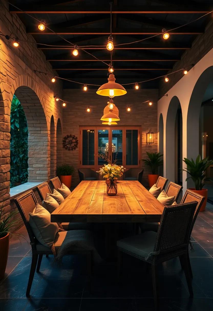 Cozy String Light Setup Casting a Warm Glow Over a Rustic Wooden Dining Table Surrounded by Comfortable Chairs