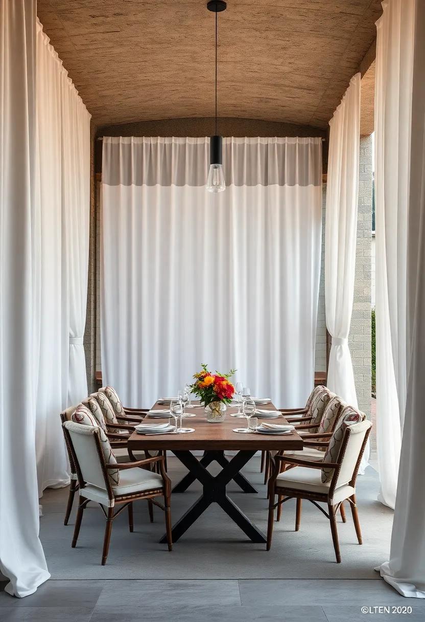 Elegant White Linen Drapes Flowing Gently around a Modern Outdoor Dining Space Adorned with Fresh Floral Centerpieces