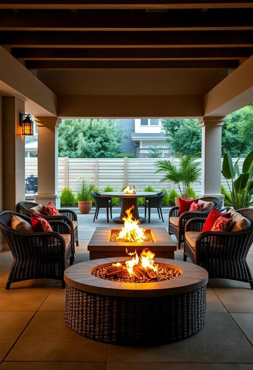 Charming Wicker Furniture group Arranged Around a Fire Pit with Flickering Flames for Intimate Evening Gatherings
