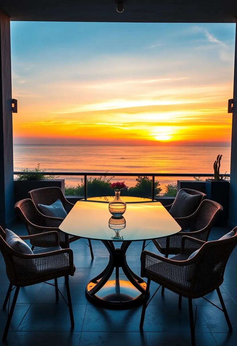 Sunset Reflections on a Glass Table Surrounded by Elegant Cane Chairs Set on a Balcony with ocean Views