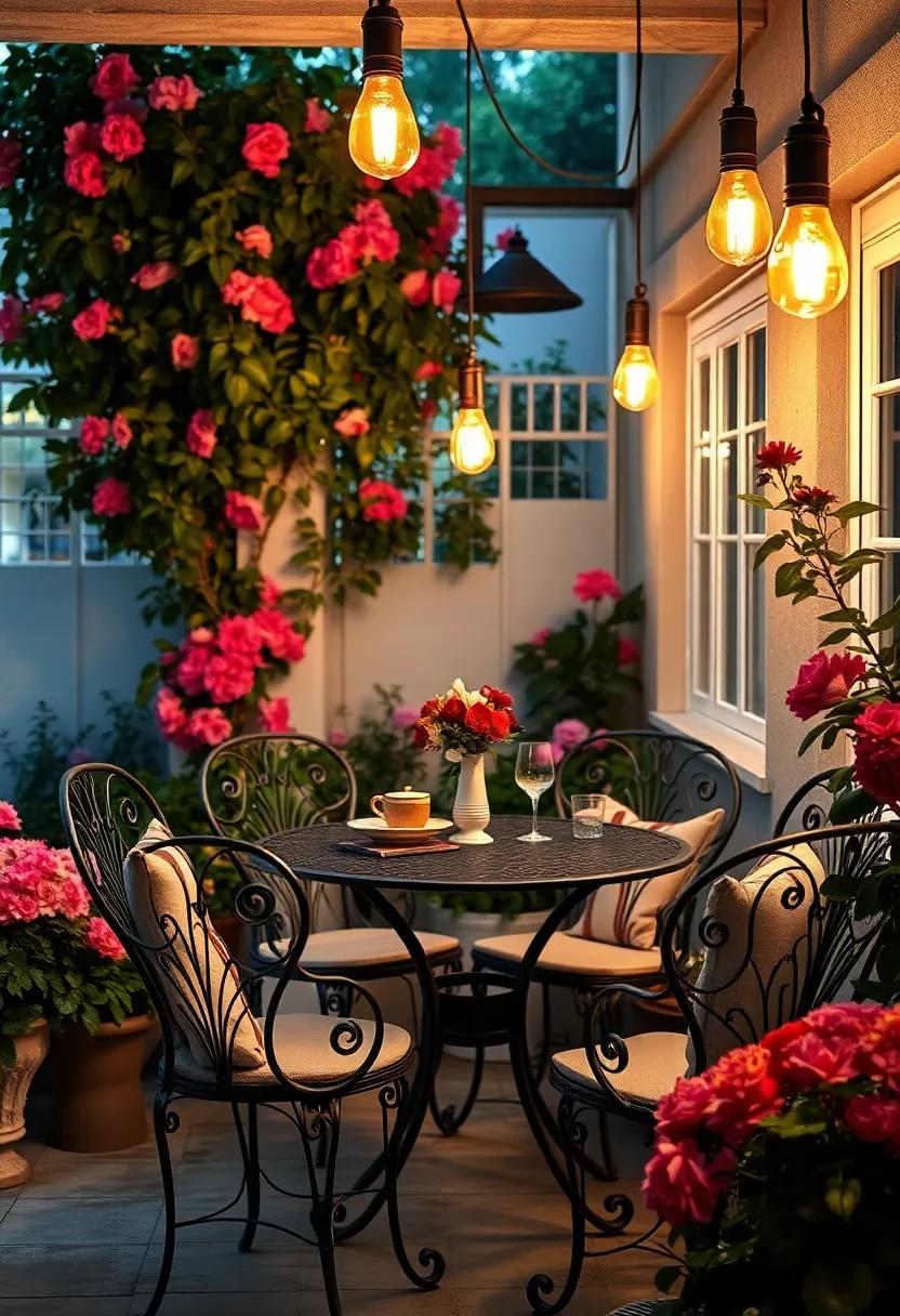 Victorian Style Iron Bistro Set Nestled Among Lush Garden Blooms Illuminated by Vintage Edison Bulbs